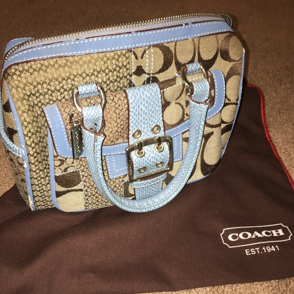 Coach Purse Handbag Blue & Monogram Cute Pockets