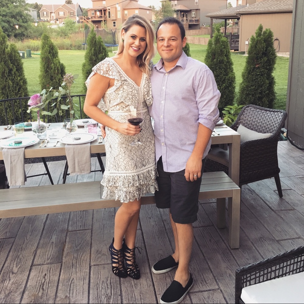 White and black lace cocktail dress.