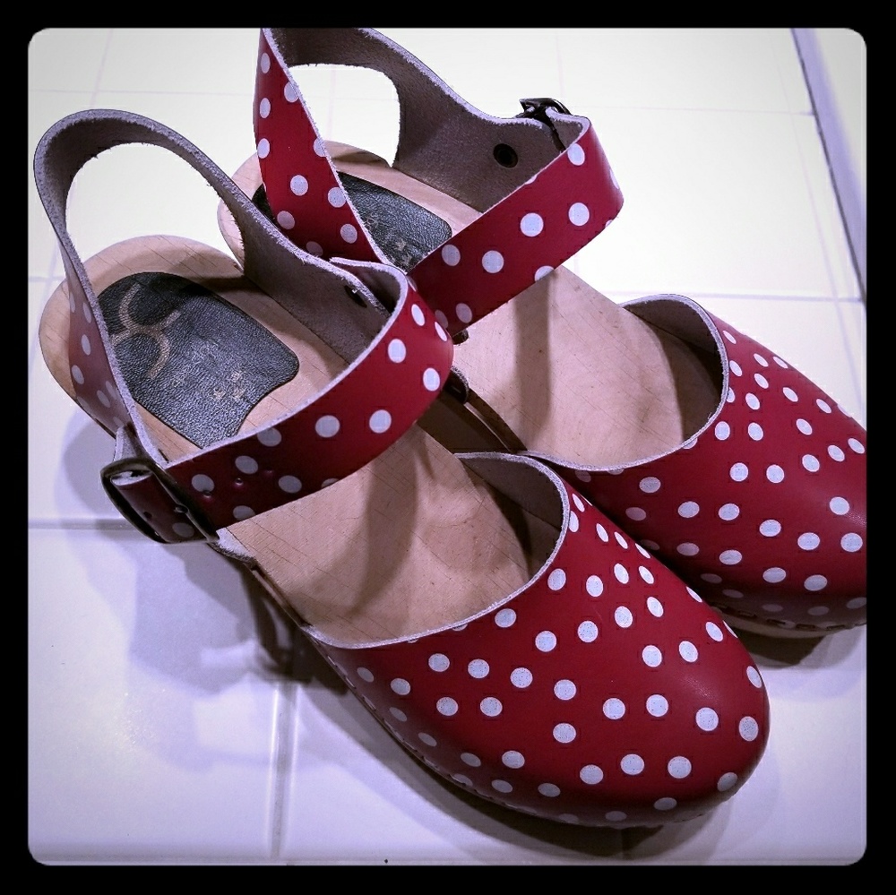 Cape Cod Red and White polka dot clogs.