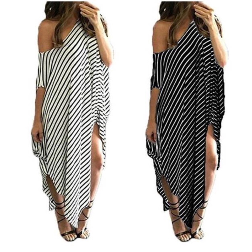 White/Black Striped Off-the-Shoulder Kaftan Dress