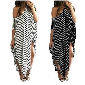White/Black Striped Off-the-Shoulder Kaftan Dress