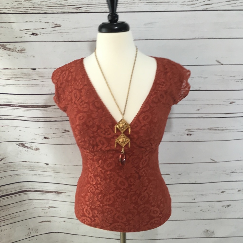 FirstKiss Burnt Orange Lace Top Sz M EUC