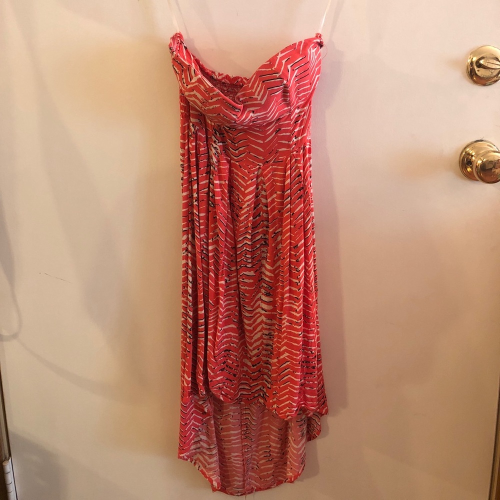 Coral,black&white asymmetrical strapless sundress