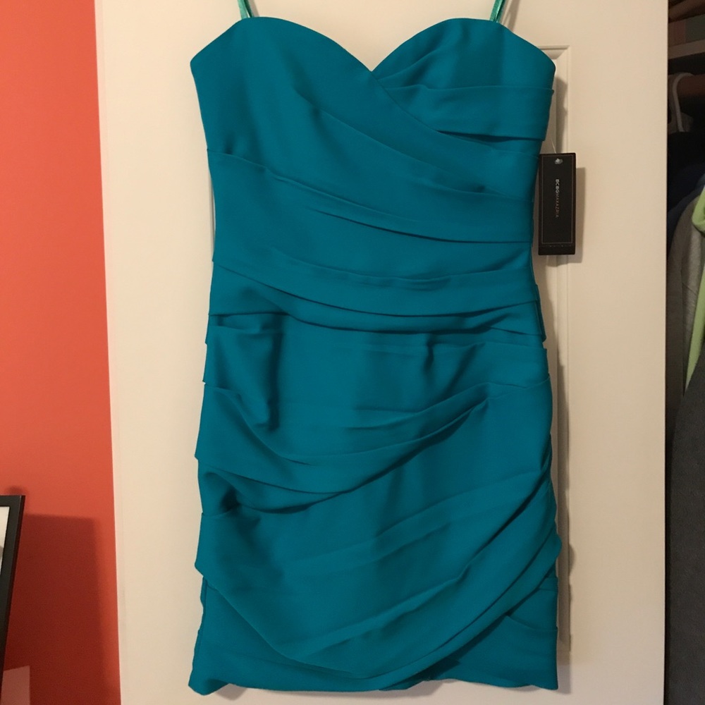 NWT BCBG MAXAZRIA midi strapless teal dress sz 6