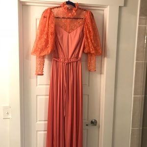 Vintage Peach Colored Dress  with Lace Sleeves