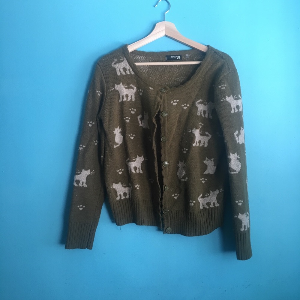 Olive Green Cat Cardigan Size M