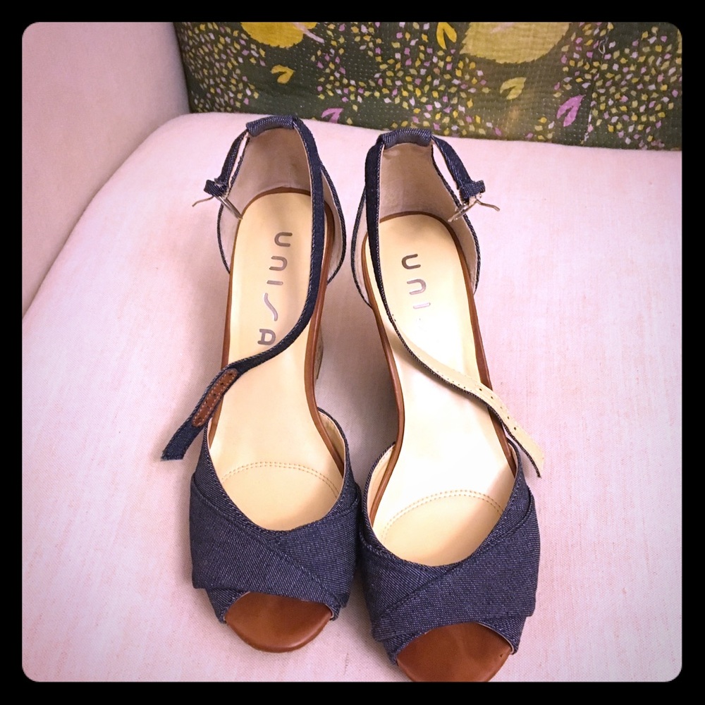 Unisa Blue Denim Wedge Sandals, Size 9