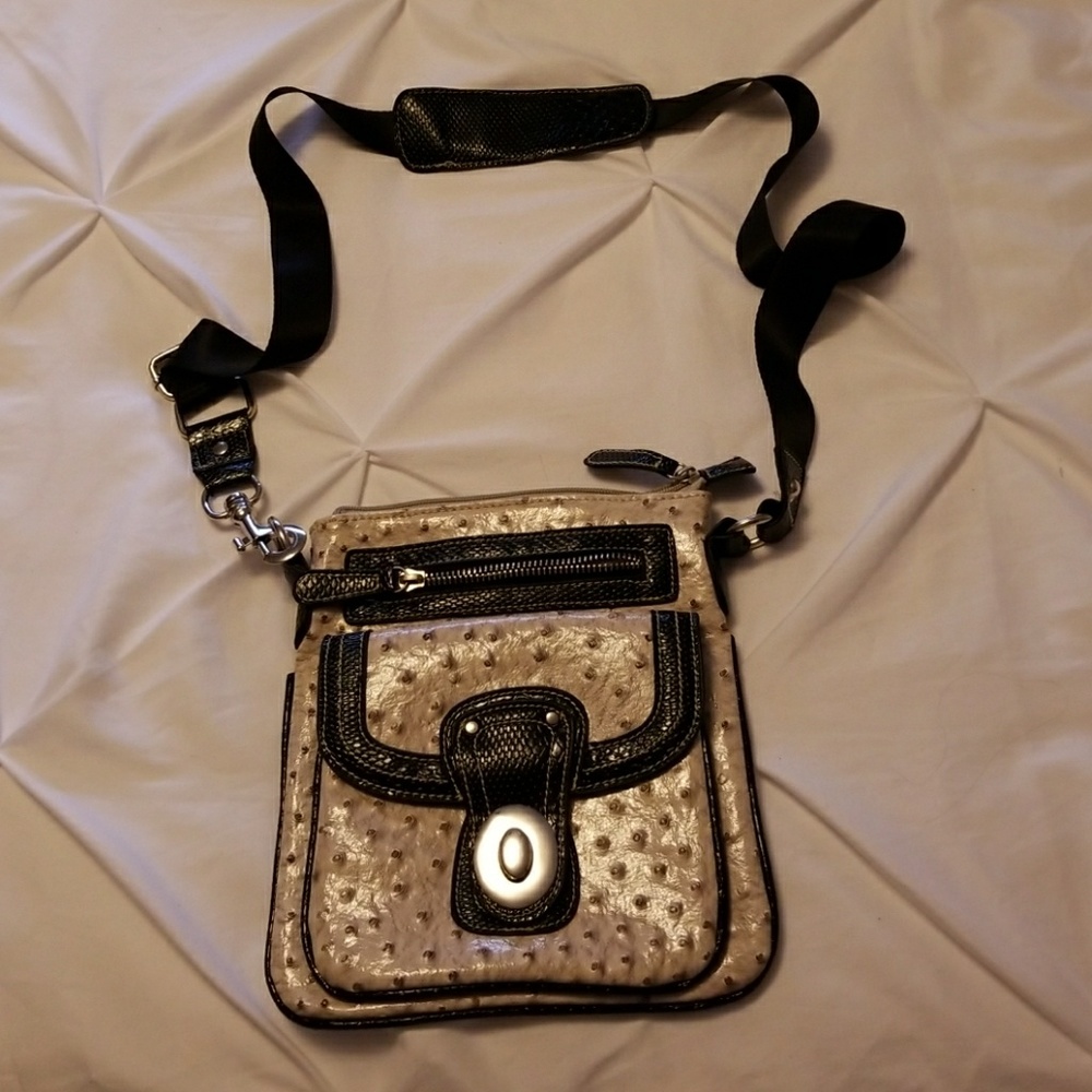 Cream and black ostrich print crossbody bag