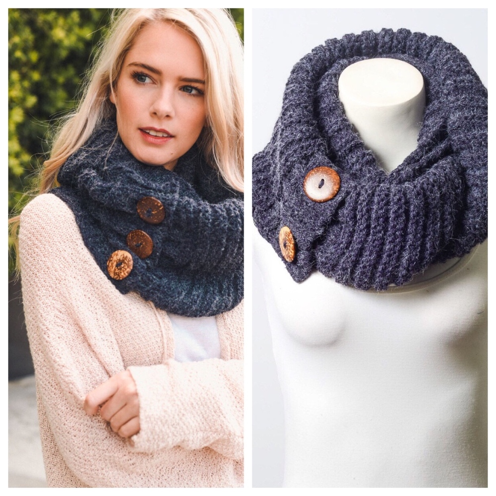 Navy Knit Infinity Scarf w/ Buttons NEW