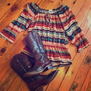 Beautiful semi-sheer western print ladies top. M