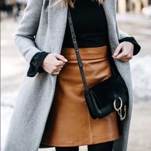 Genuine leather camel mini skirt