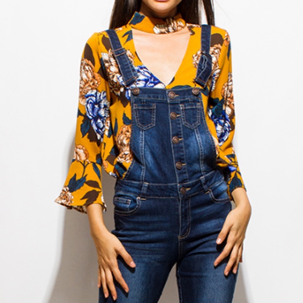 Mustard Floral Choker Neck Boho Top - Picture 4 of 6