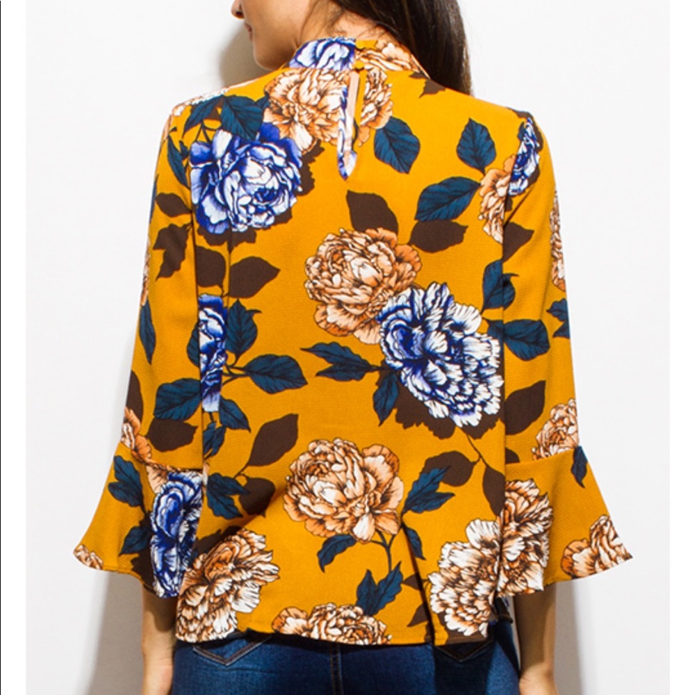 Mustard Floral Choker Neck Boho Top - Picture 2 of 6
