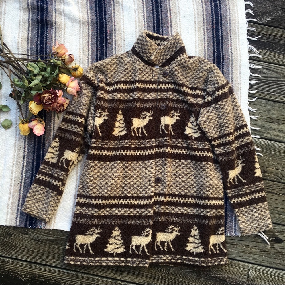 Brown Deer Pattern Fleece Button-up Jacket