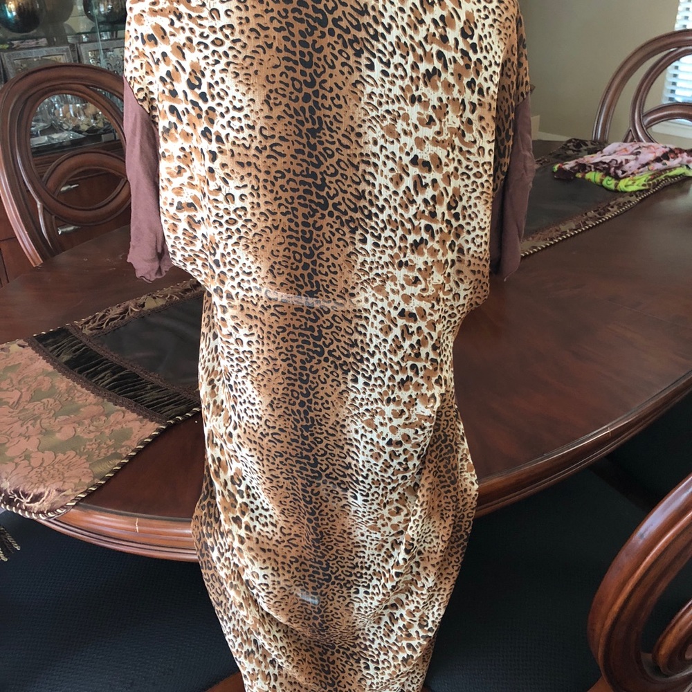 Leopard print, long tail, short sleeve top.