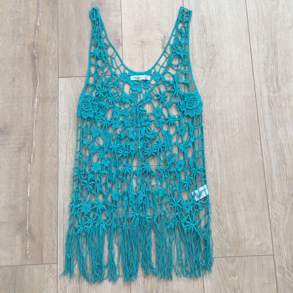 Teal floral knit festival fringe overlay