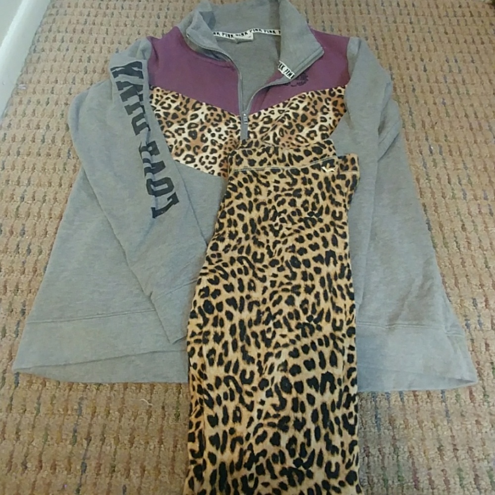 VS Pink leopard half zip and leopard leggings