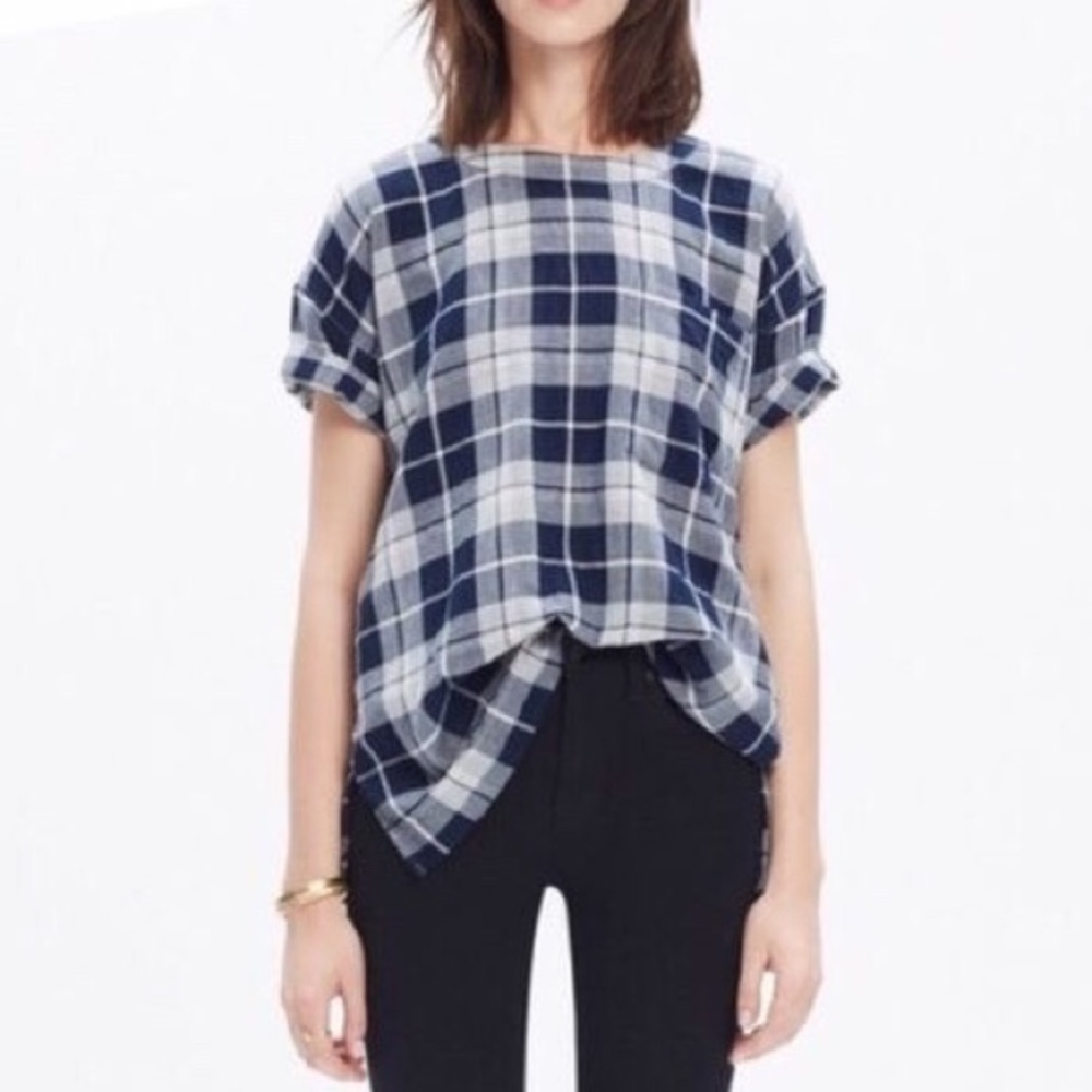 Madewell plaid blue pocket blouse sz: XS