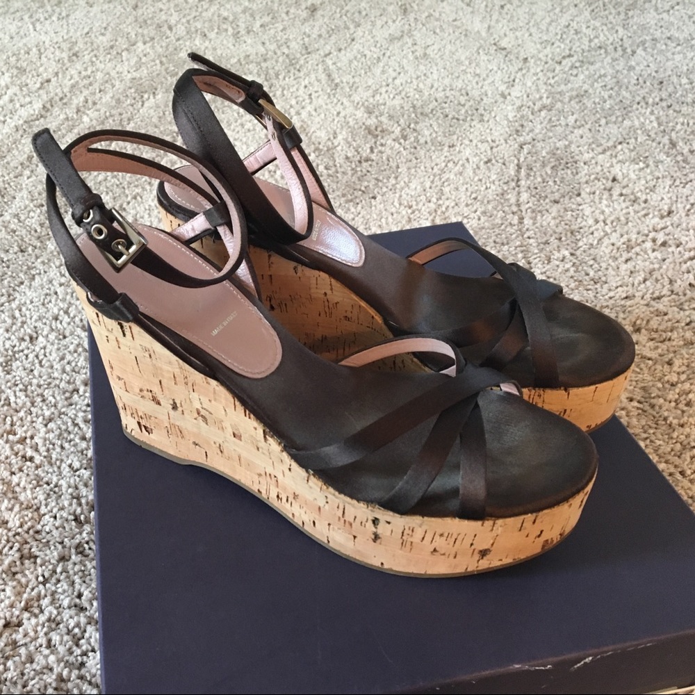 Prada silk satin chocolate brown platform wedge 36