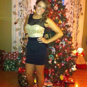 Peplum dress with gold sequins top and mesh straps