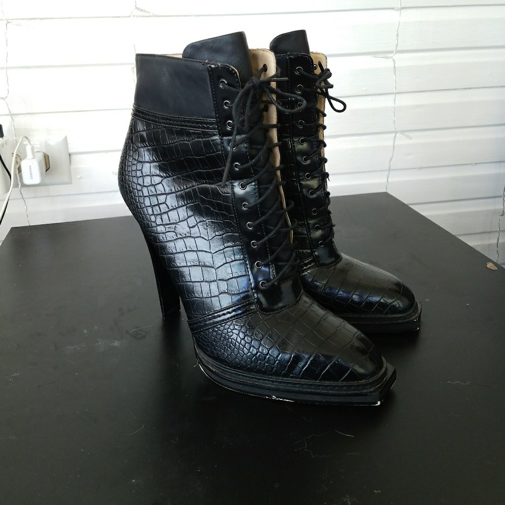 Black Pleather Snake Skin Stiletto Boots