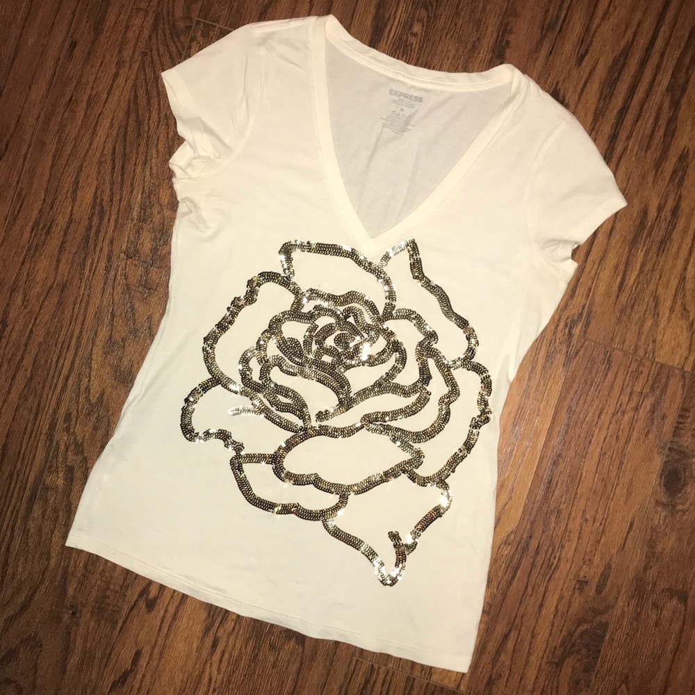 Express Sequin Gold Rose Cream Graphic Tee V-neck