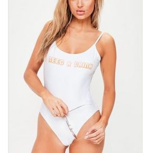 White printed slogan one piece swimsuit
