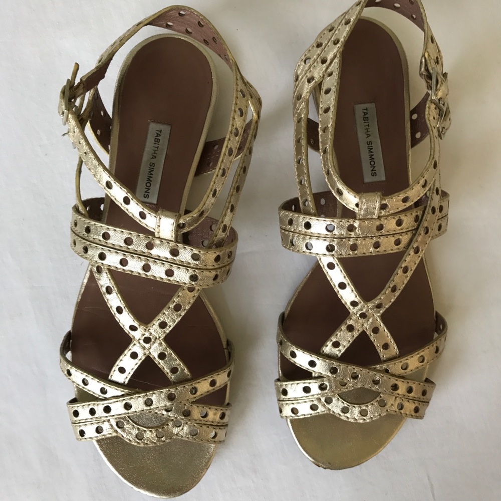 Gold flat Tabitha Simmons sandals, matte metallic