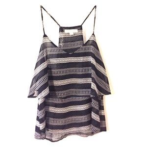 Navy aztec printed striped ruffle tank top