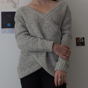 heathered gray cross wrap sweater