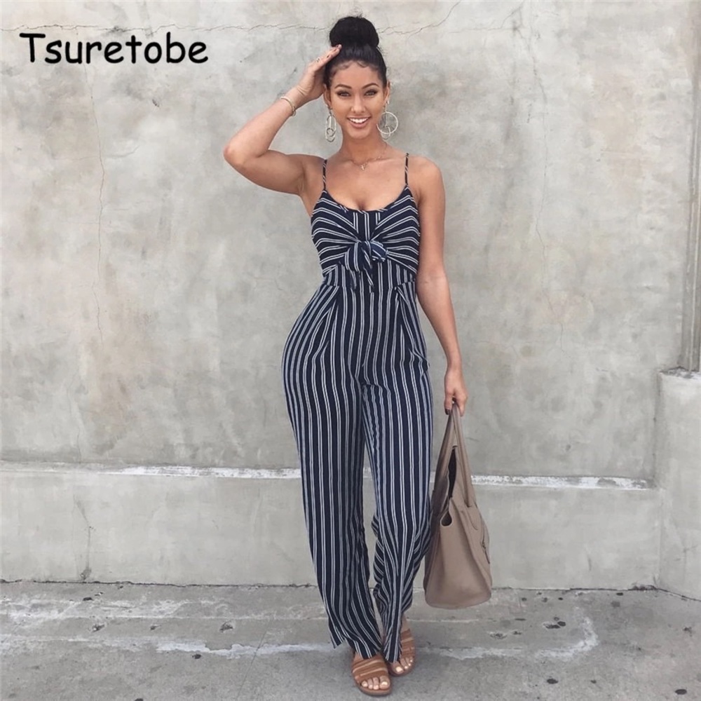Sexy, Open-back Navy-striped Jumpsuit 🌹