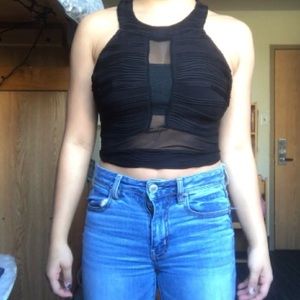 Black crop top with mesh cutouts
