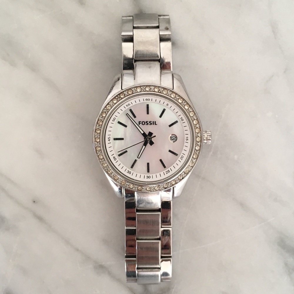 Stainless Steel Fossil Watch with Stones