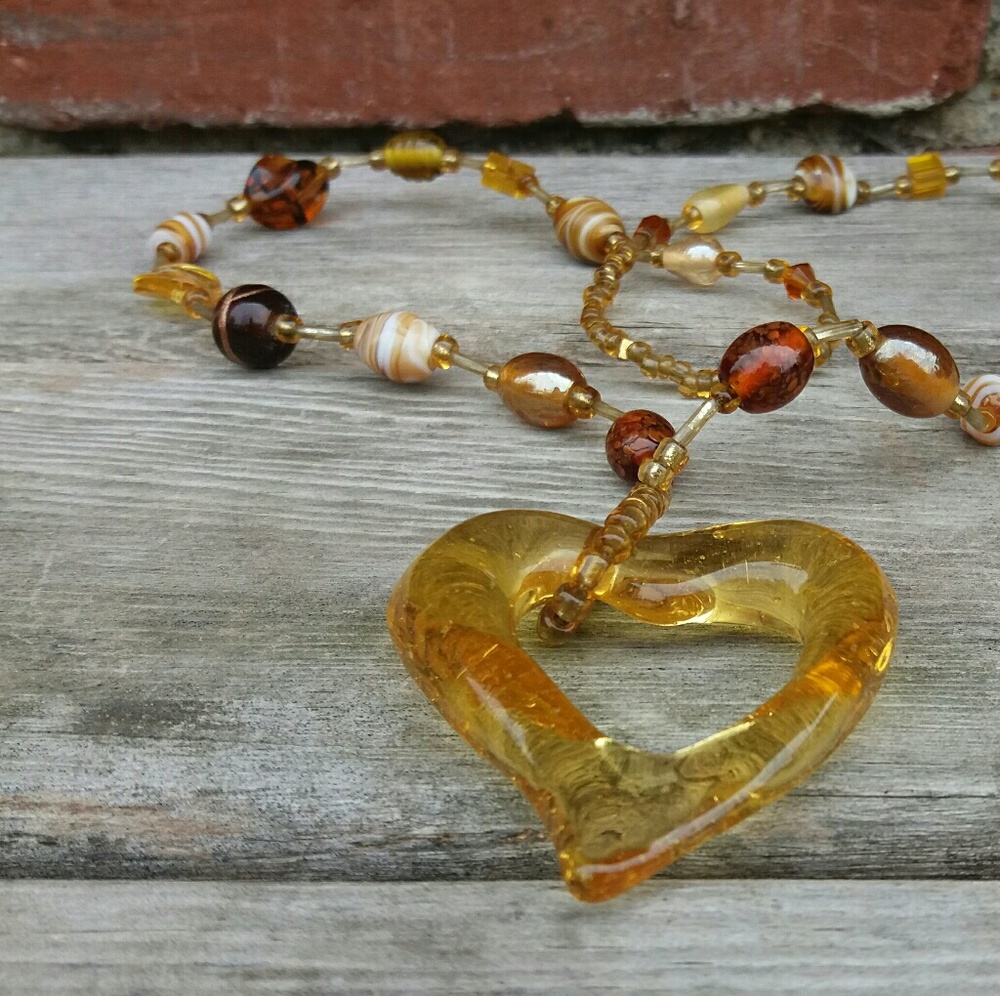 Shades of Brown and Gold Glass Heart Pendant Necklace