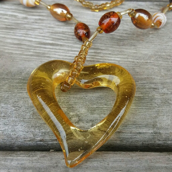 Shades of Brown and Gold Glass Heart Pendant Necklace - Picture 3 of 4