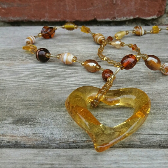 Jewelry - Shades of Brown and Gold Glass Heart Pendant Necklace
