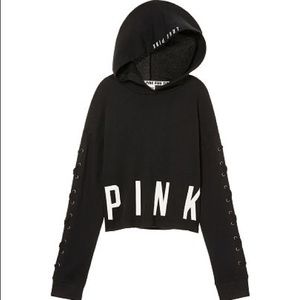PINK cropped lace up pullover hoodie