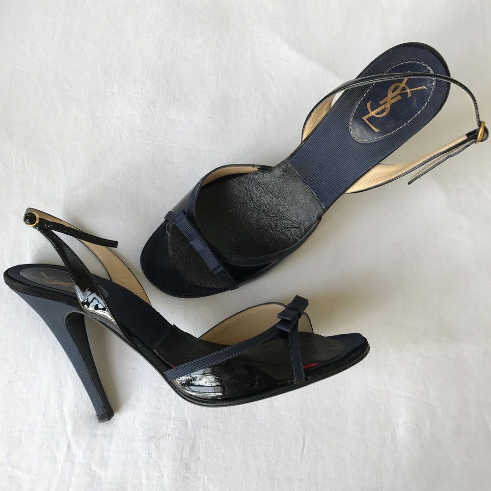 Midnight blue YSL 105mm open toe high heels