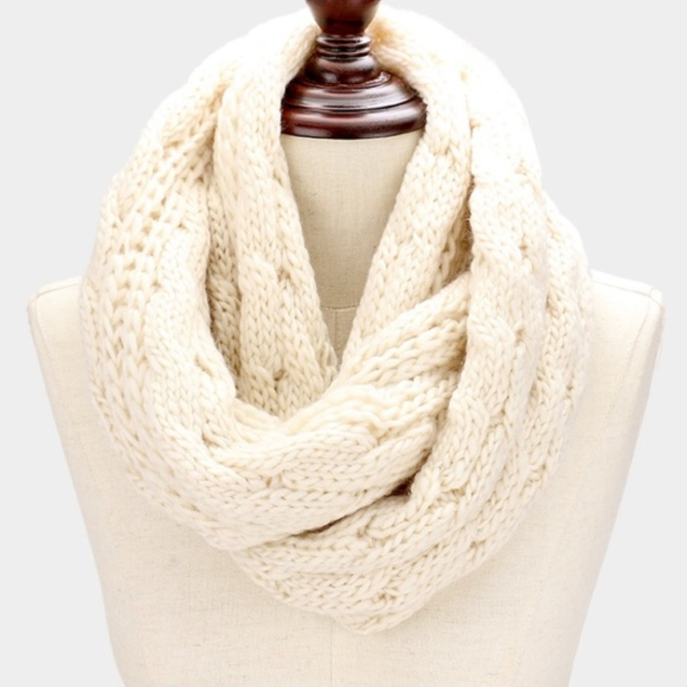 White Knit Cable Infinity Scarf