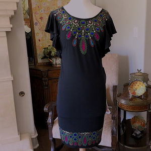 London Times Black Dress With Embellished Neckline