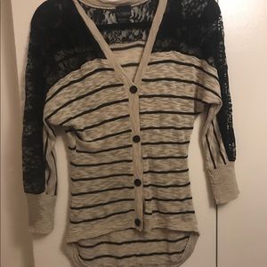 Black and cream striped sweater with lace sleeves
