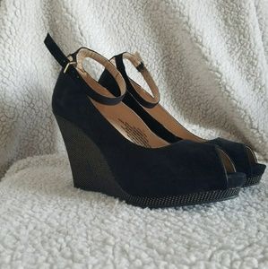 Never worn!! Black Ankle Strap Peep Toe Wedges