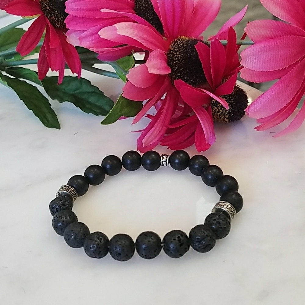 Black beaded lava stone stretch bracelet.
