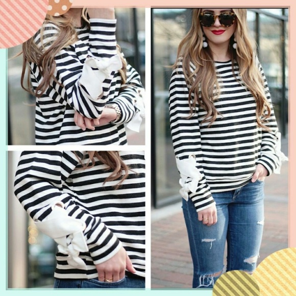 Halogen Tops - Striped Tie Sleeve Sweatshirt