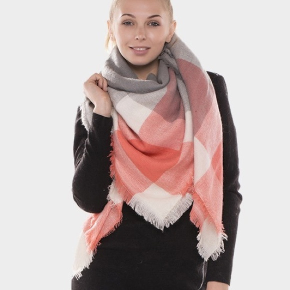 Coral Plaid Blanket Scarf