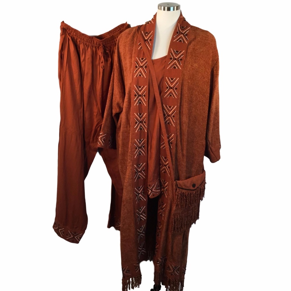 Vtg Chenille 4 Piece Outfit Duster Pants Top Purse
