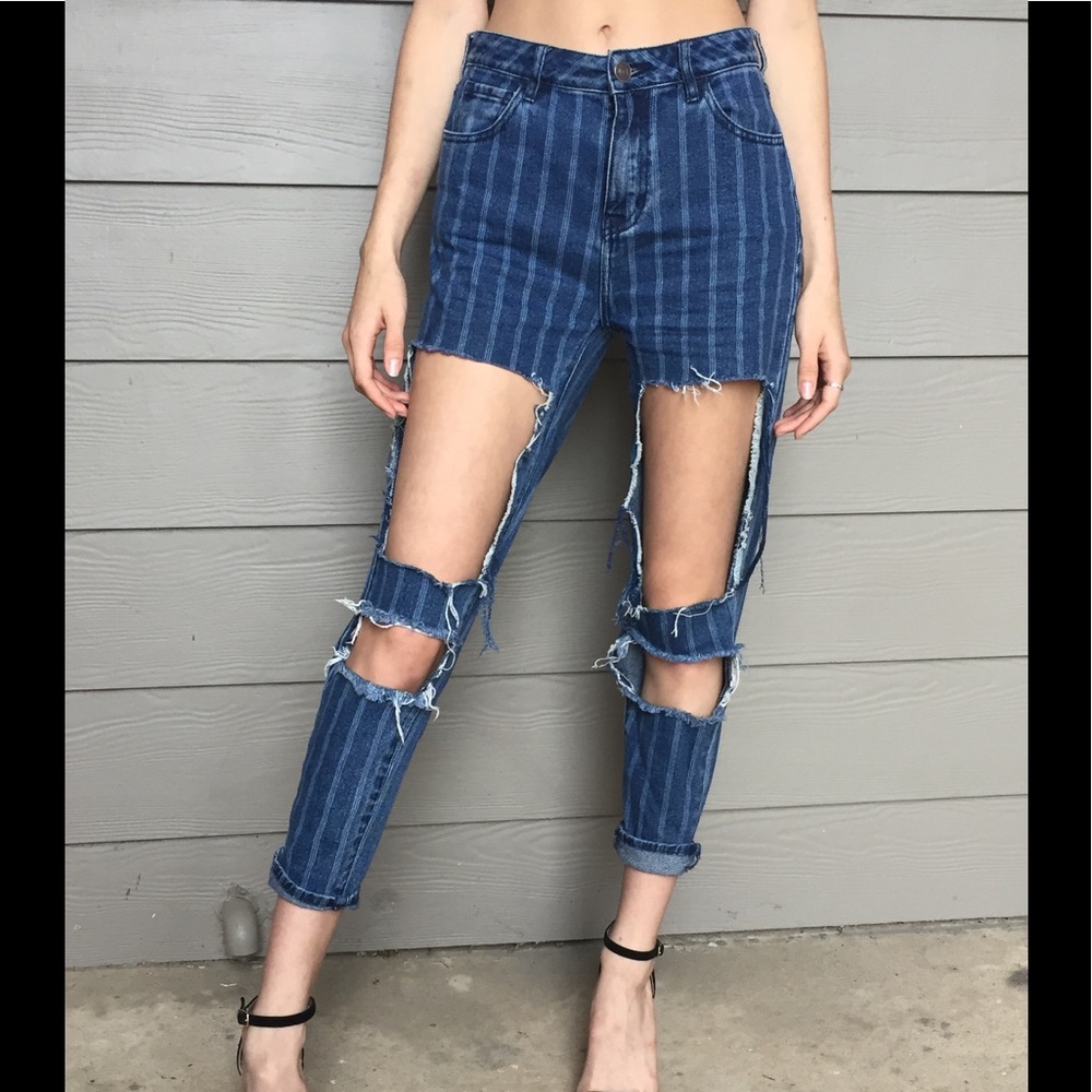 Pin Striped Boyfriend Ripped High Waisted Jeans