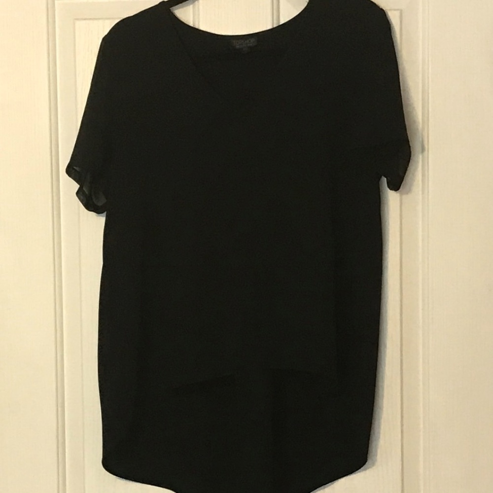 Top Shop Black Hi Low Chiffon Short Sleeve V Neck
