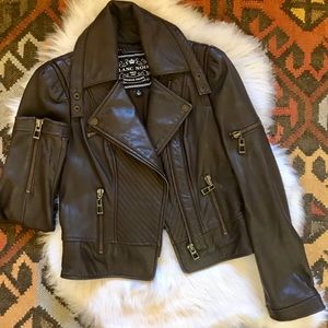 100% AUTHENTIC LEATHER MOTO JACKET BLANC NOIR