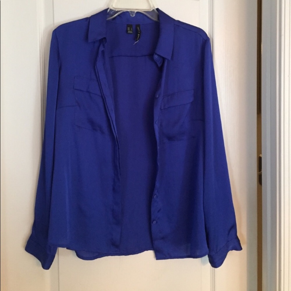 Blue silk button down blouse